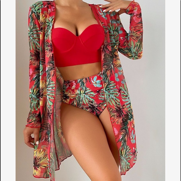 3 Piece Tropical Floral Print Push Up High Waisted Bikini Swimsuit Kimono GREEN - Picture 7 of 13